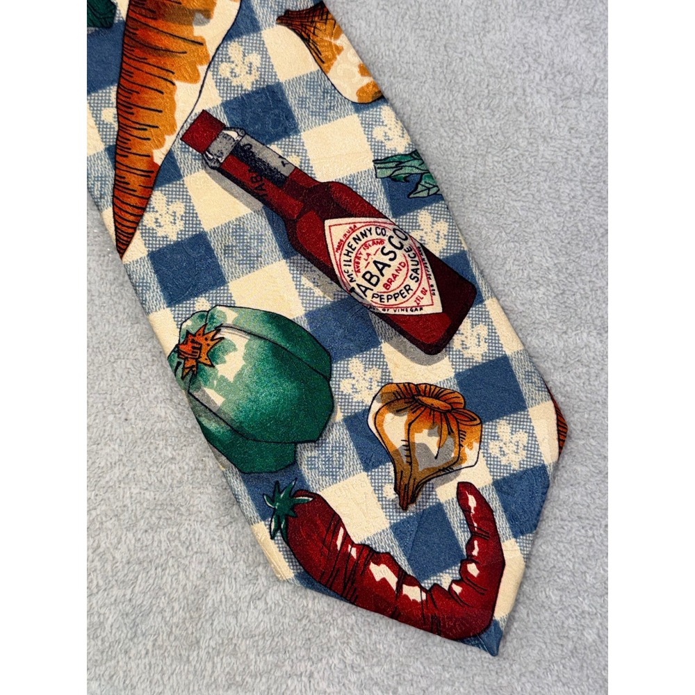 Tabasco Mens Silk Tie Blue Gingham Novelty Hot Sauce Vegetable Print Made in USA